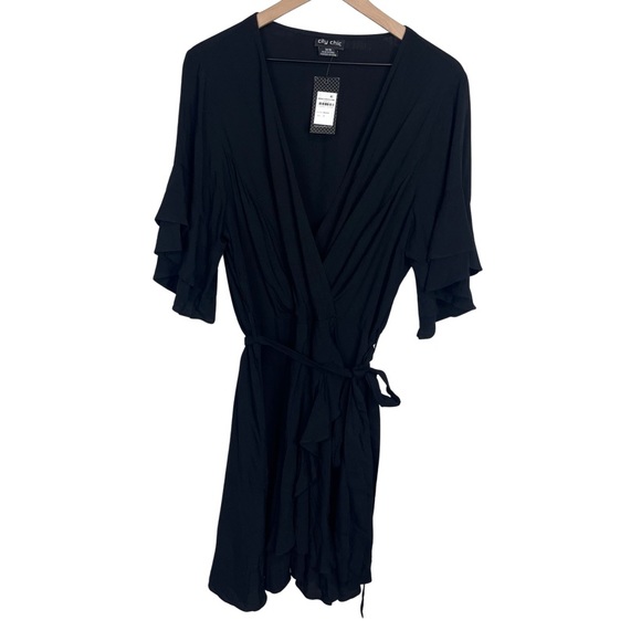 City Chic NWT Fiesta Fun Faux Wrap Ruffle Sleeve Mini Dress Black Women’s 18 - Picture 3 of 8
